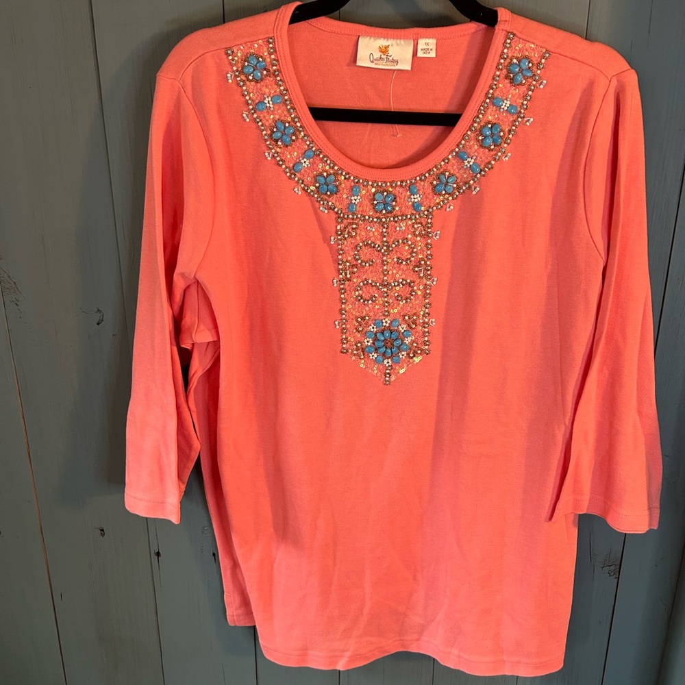 NWOT Quacker Factory Pink Embellished Long Sleeve Top | Women’s Size 1X